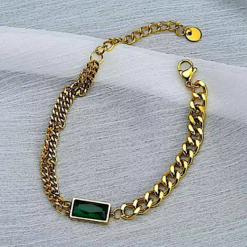 Gold 18K GP Emerald Green Chain Link Bracelet